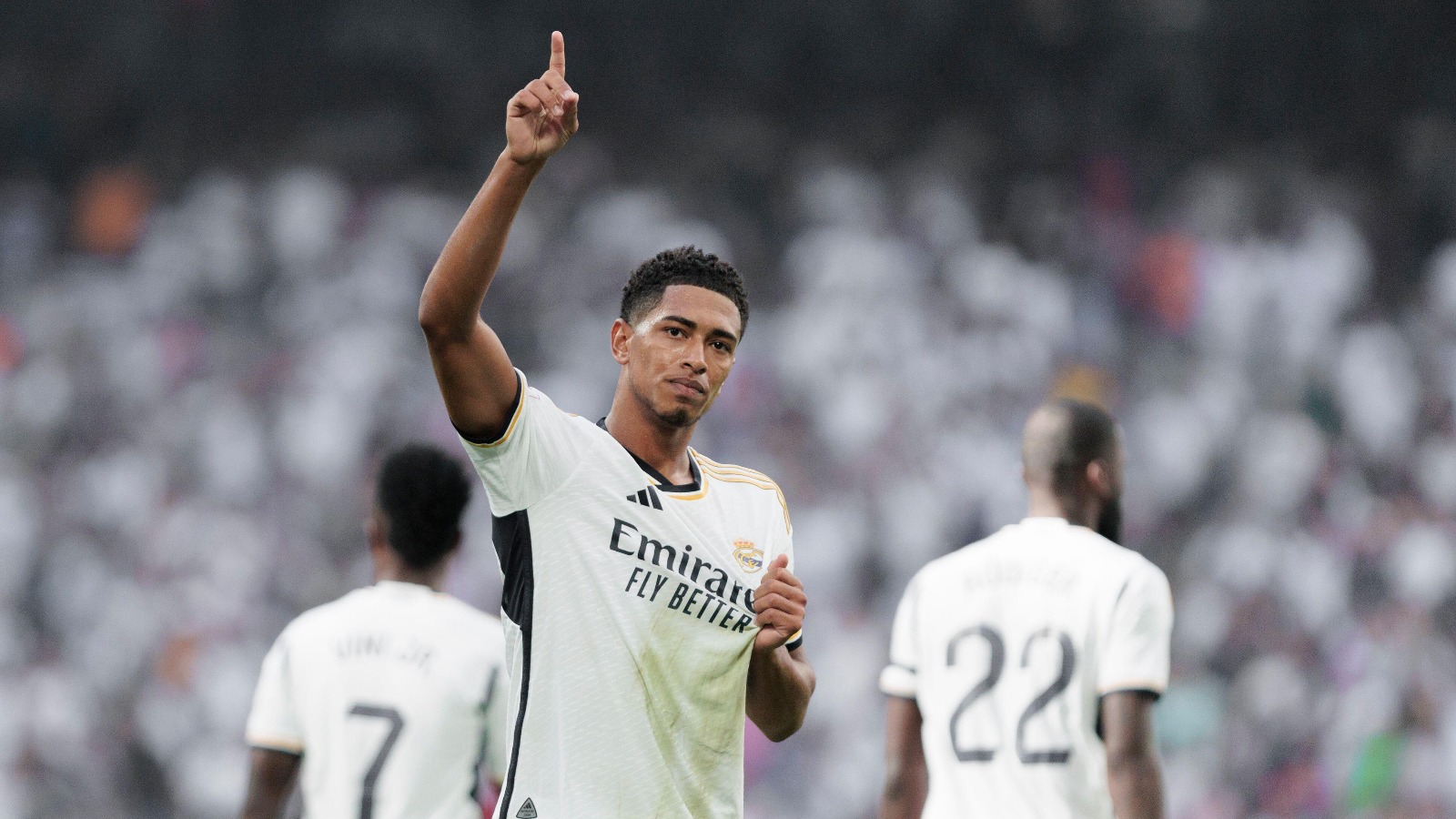 MADRID, SPAIN - OCTOBER 7: Jude Bellingham of Real Madrid celebrates a goal during the La liga 2023/24 match between Real Madrid and Osasuna at Santiago Bernabeu Stadium.