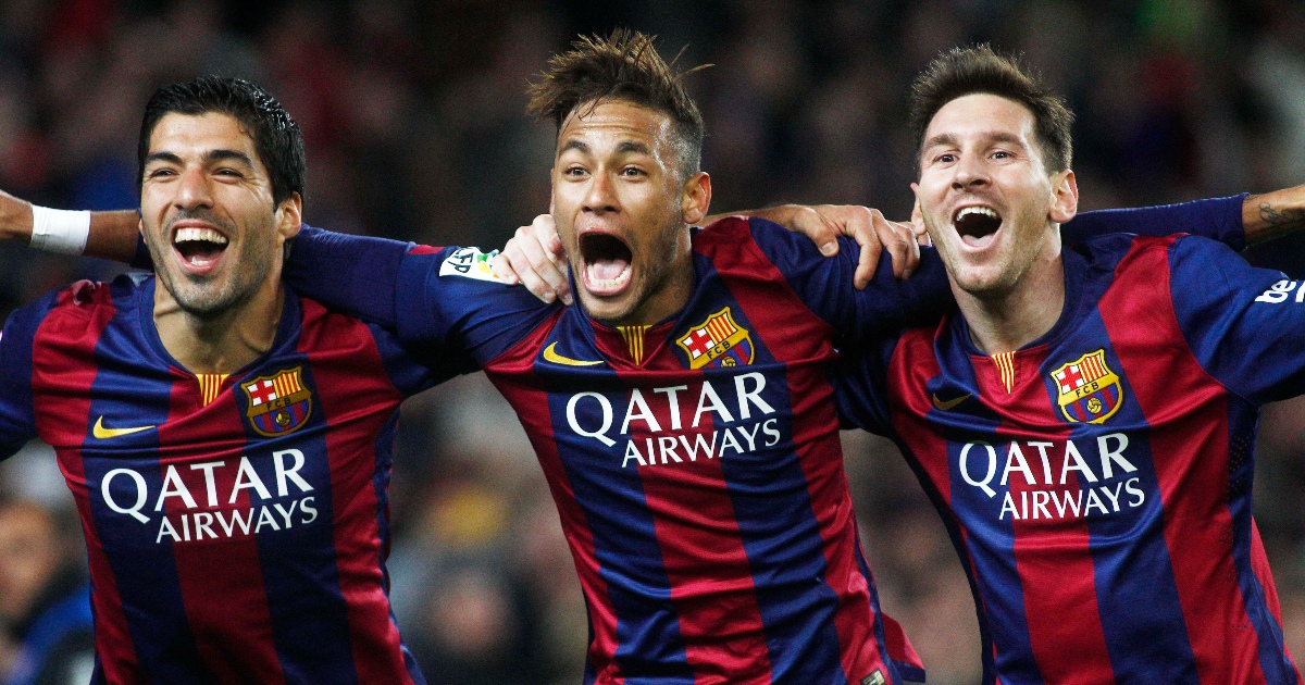 Lionel Messi (FC Barcelona) celebrates with his teammate Neymar da Silva Jr (FC Barcelona) and Luis Suarez (FC Barcelona) after scoring, during La Liga soccer match between FC Barcelona and Atletico de Madrid, at the Camp Nou stadium in Barcelona, Spain on january 11, 2015.