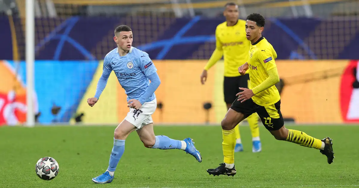 Phil Foden on the ball chased by Jude Bellingham during Manchester City and Borussia Dortmund's Champions League quarter-final, 14 April 2021, Signal Iduna Park.