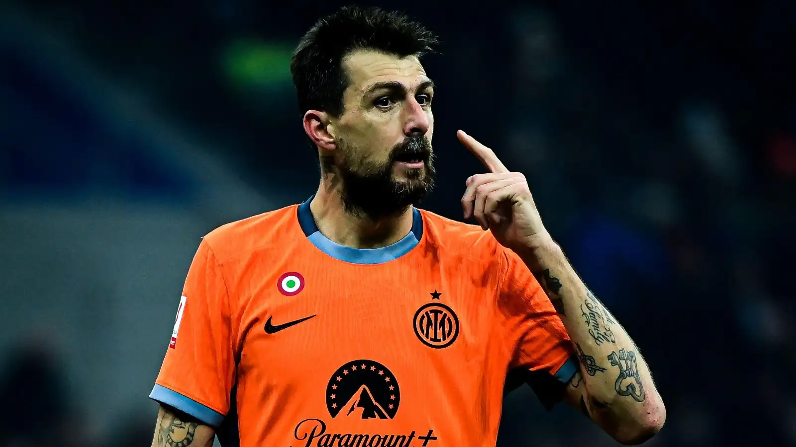 Milan, Italy, 20/12/2023, Francesco Acerbi of FC Internazionale gestures during the Italian Coppa Italia football match FC Internazionale vs Bologna at San Siro Stadium in Milan, Italy on December 21, 2023