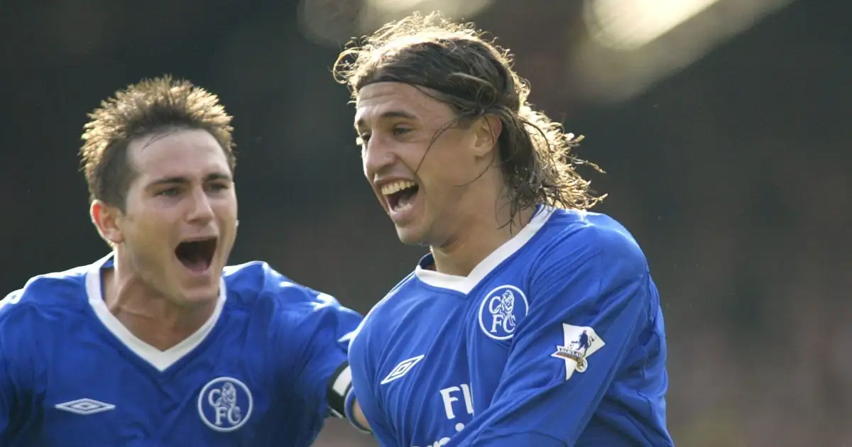 Hernan Crespo celebrates with Frank Lampard during the Premier League match between Arsenal and Chelsea at Highbury, London, October 2003.