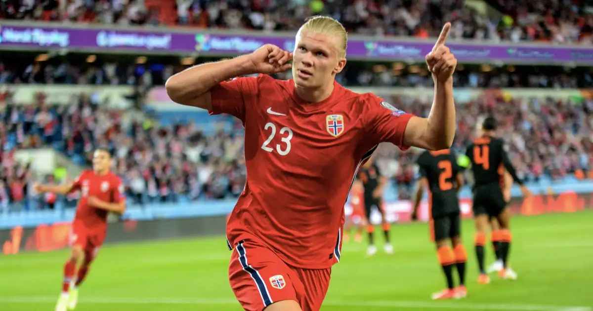 Erling Haaland celebrates Norway goal. Ullevaal Stadion, September 2021.