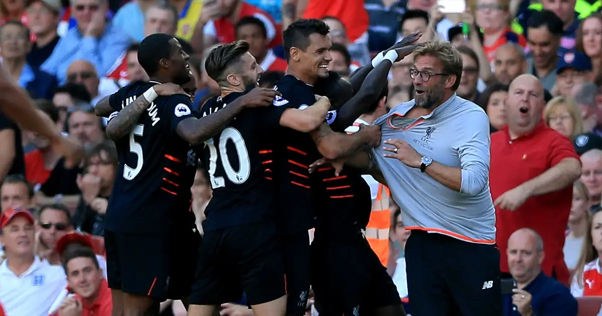 Liverpool's Sadio Mane celebrates with Jurgen Klopp during the Premier League match at the Emirates Stadium, London. August 14th, 2016