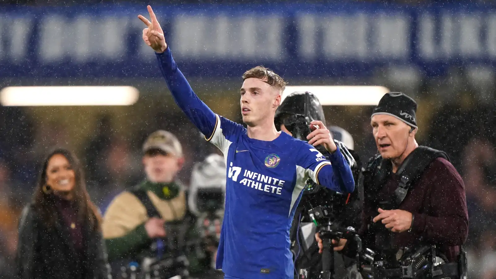 Chelsea's latest three-goal hero celebrates after beating Manchester United in April 2024.