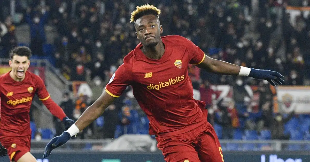 Roma's Tammy Abraham celebrates scoring against Juventus. Stadio Olimpico, Rome, January 2022.