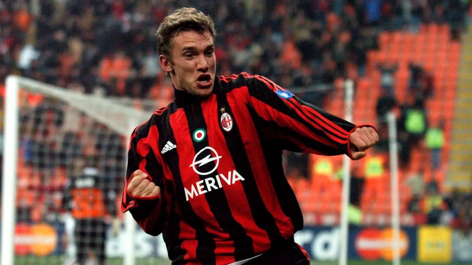 AC Milan's Andriy Shevchenko celebrates scoring their second goal of the Champions League game against Sparta Prague. San Siro, Milan, 10 March 2004.