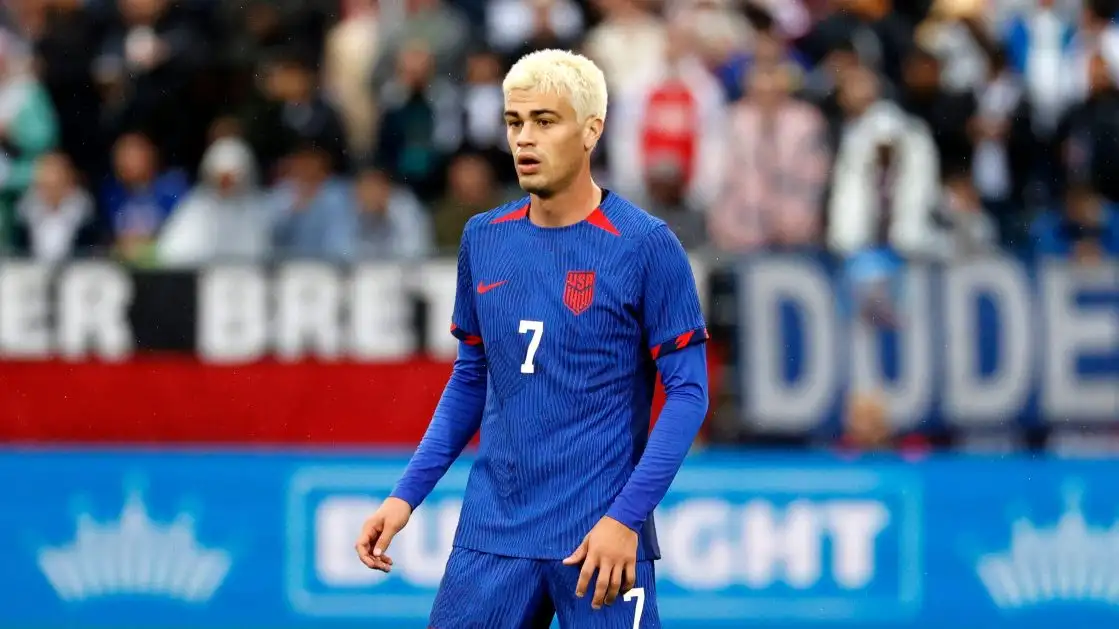 United States midfielder Gio Reyna (7) during a match between the United Sates and Germany on October 14, 2023, at Pratt & Whitney Stadium in East Hartford, Connecticut.