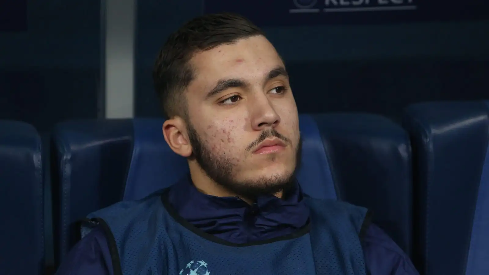 Rayan Cherki on the bench for Lyon in November 2019.