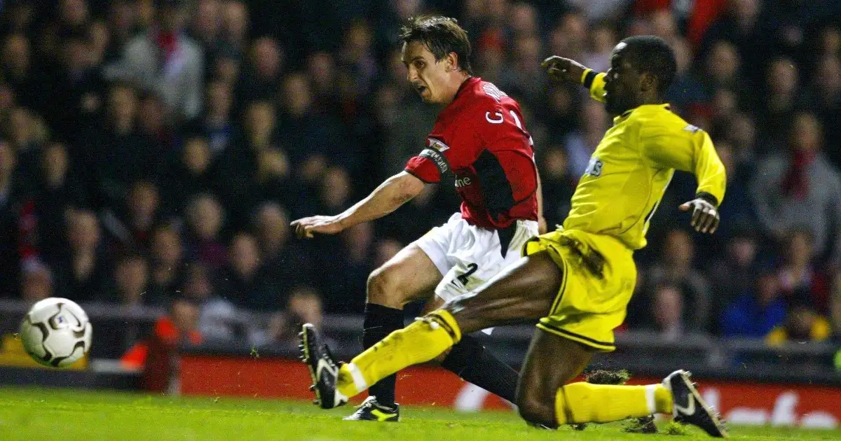 Manchester United's Gary Neville scores his side's second goal during during the Barclaycard Premiership match at Old Trafford, Manchester. 20 April 2004