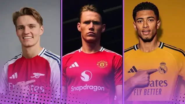 (L-R) Arsenal's Martin Odegaard, Manchester United's Scott McTominay and Real Madrid's Jude Bellingham modelling kits for the 2024-25 season