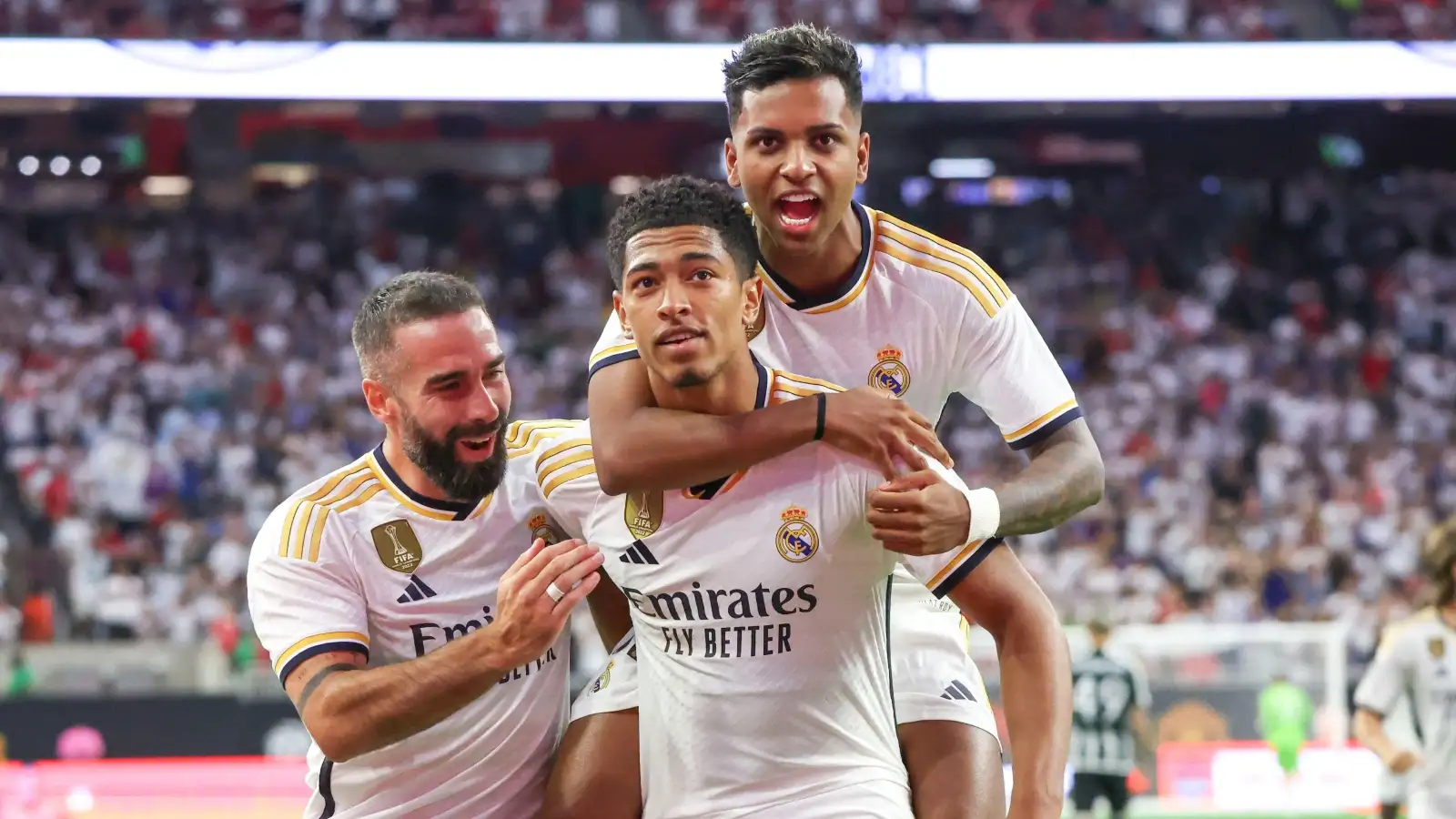 Houson, USA. 26th July, 2023. Jude Bellingham of Real Madrid celebrate your goal and Rodrygo during a match against Manchester United in a friendly match at the NRG Arena in Houston, Texas, in the United States