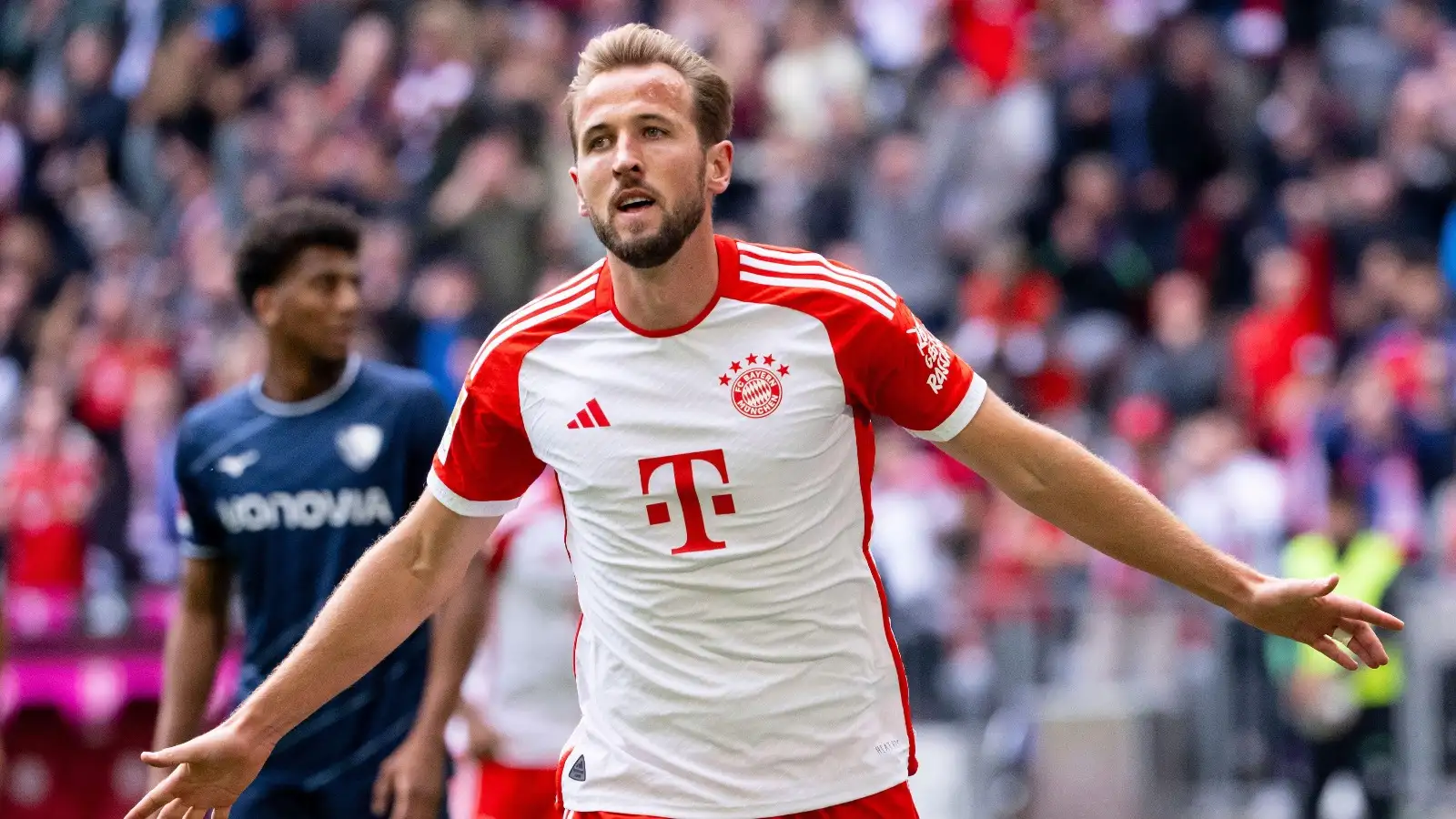 Harry Kane of Munich celebrates scoring his side's second goal during the German Bundesliga match between Bayern Munich and VfL Bochum at the Allianz Arena inn Munich, Germany,