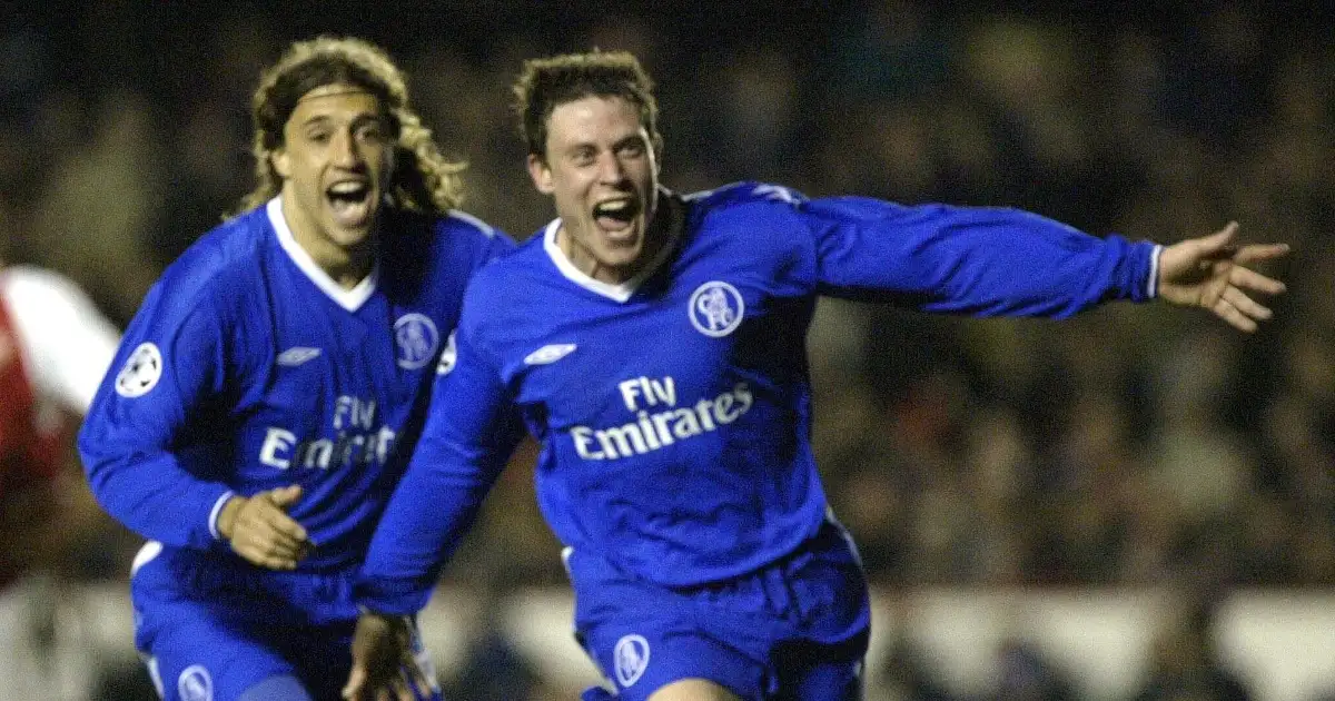 Chelsea's Wayne Bridge celebrates his winning goal against Arsenal in the Champions League. Highbury, London, 06 April 2004.