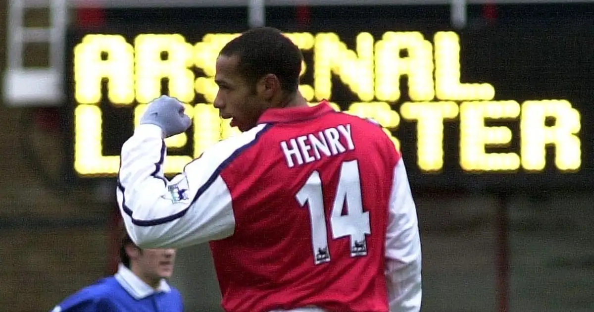 Thierry Henry celebrates scoring for Arsenal in their Premier League game against Leicester City. Highbury Stadium, London, England. December 2000.