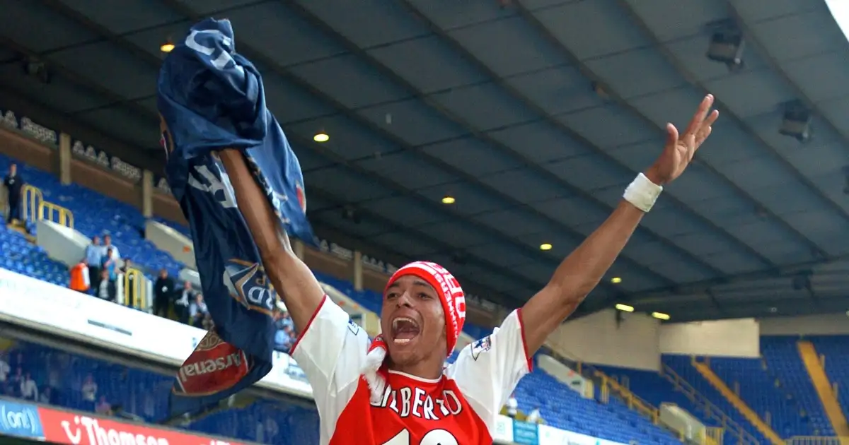 Arsenal's Thierry Henry and Gilberto Silva celebrate at the end of the match, White Hart Lane, Tottenham, London, 22nd April 2004Arsenal's Thierry Henry and Gilberto Silva celebrate at the end of the match, White Hart Lane, Tottenham, London, 22nd April 2004