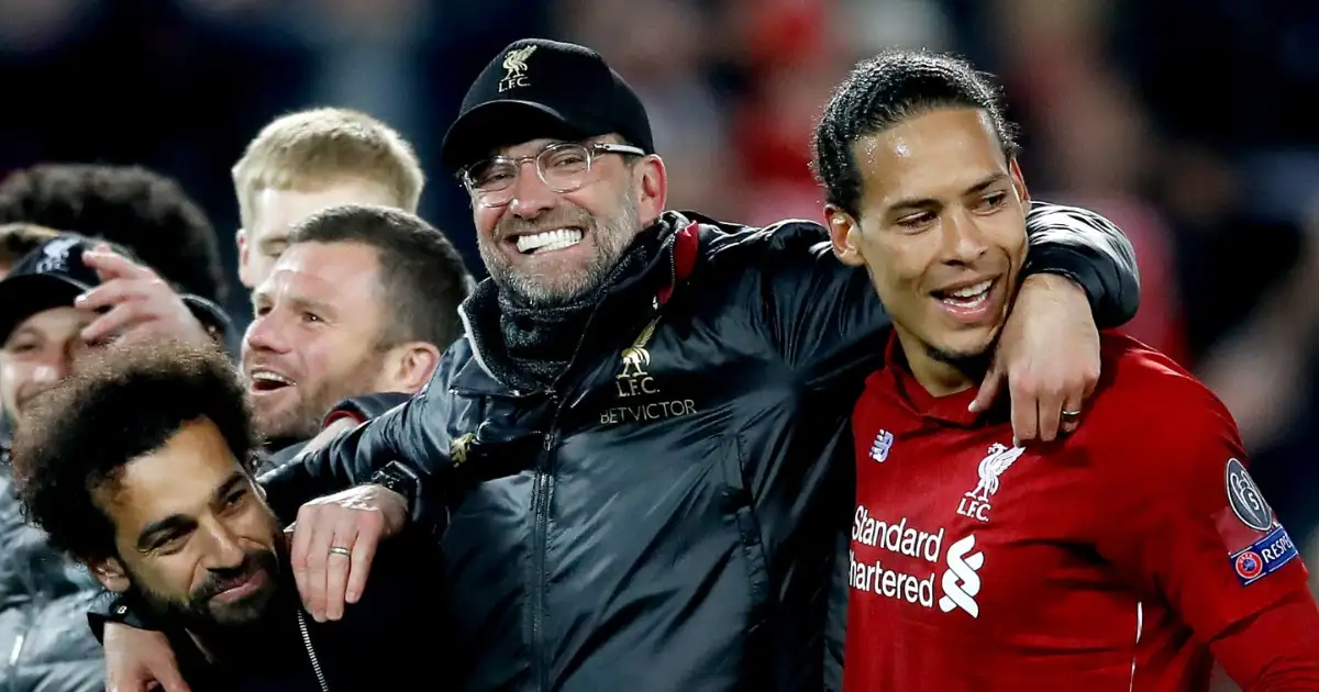 Liverpool's Mohamed Salah, Jurgen Klopp and Virgil van Dijk celebrate beating Barcelona in the Champions League. 07 May 2019, Anfield, Liverpool.