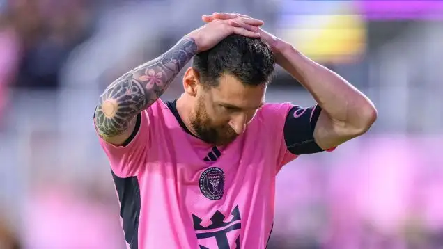 Inter Miami FC forward Lionel Messi (10) reacts after missing his shot on the goal