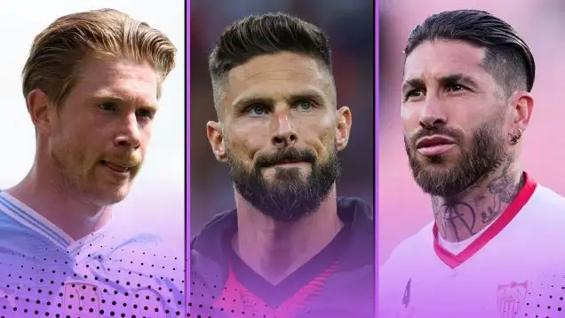 MLS potential signings summer 2024 featuring (L-R) Man City's Kevin De Bruyne, AC Milan striker Olivier Giroud and former Real Madrid captain Sergio Ramos