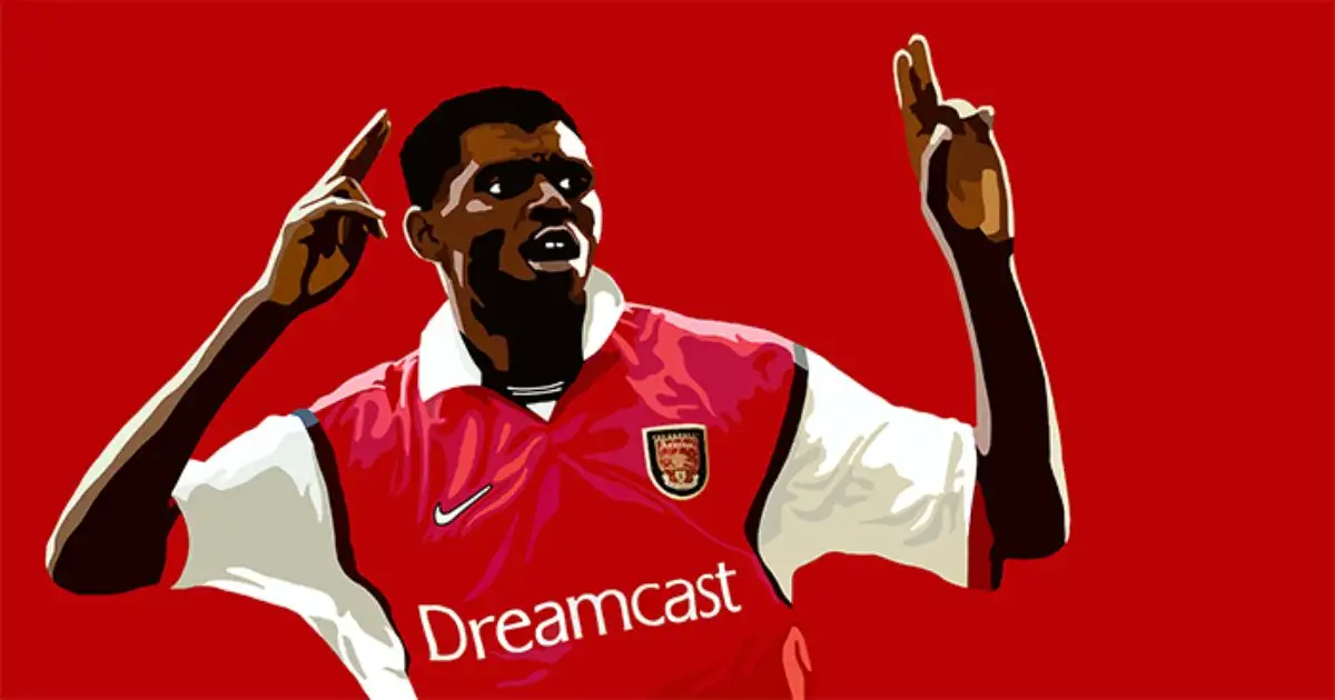 Artist's illustration of Nigerian striker Nwankwo Kanu playing for Arsenal in the 1999-2000 Premier League season.