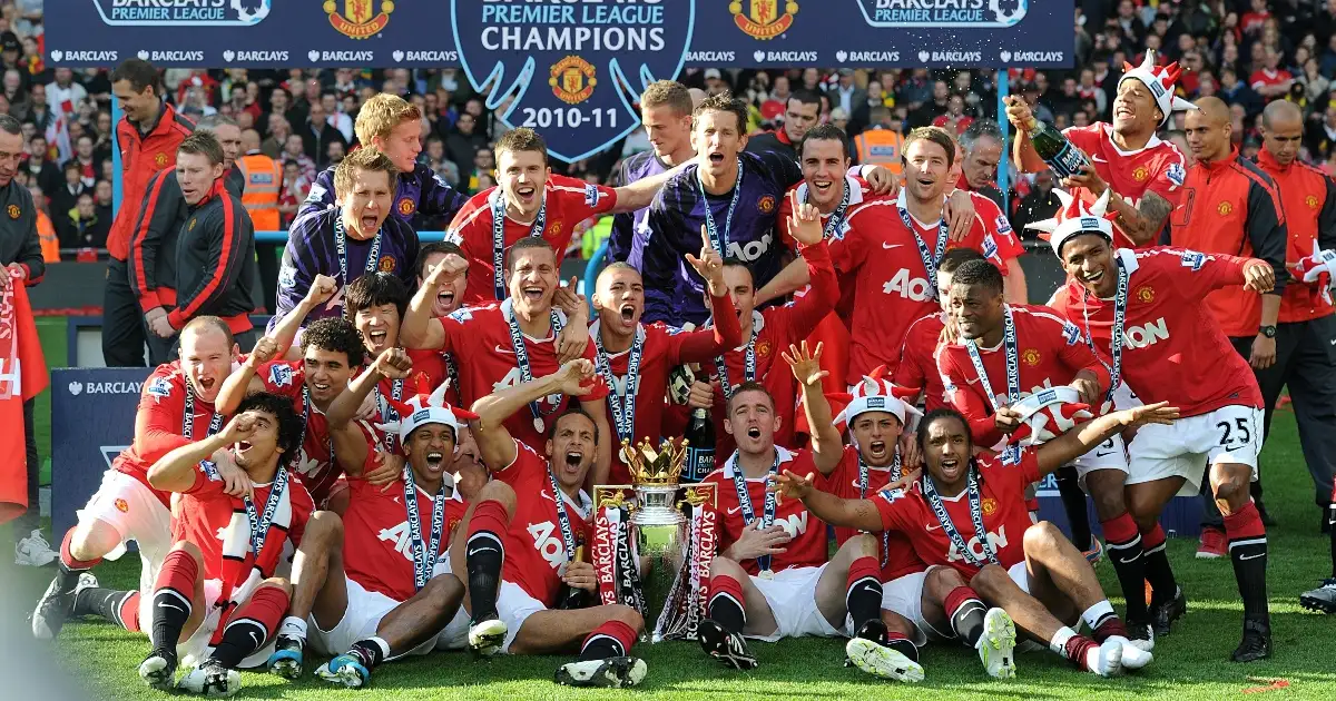 Manchester United players celebrate with the Premier League trophy, Old Trafford, Manchester, 22 May 2011