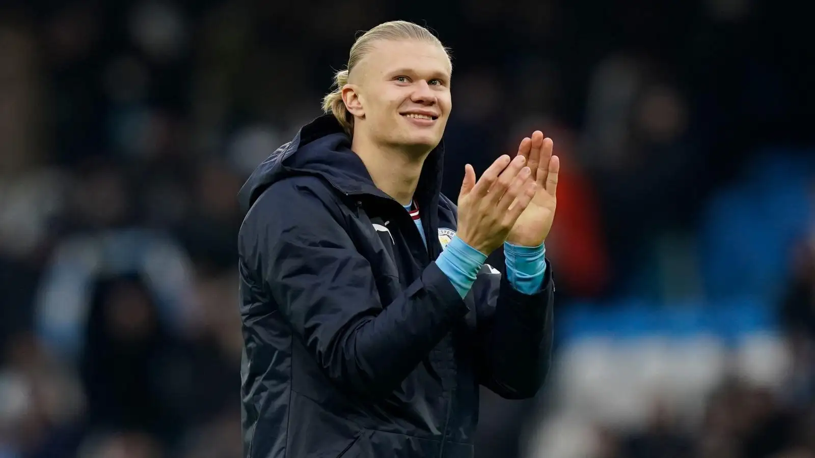 Manchester, UK. 22nd Jan, 2023. A smiling Erling Haaland of Manchester City celebrates scoring another hat trick during the Premier League match at the Etihad Stadium, Manchester.