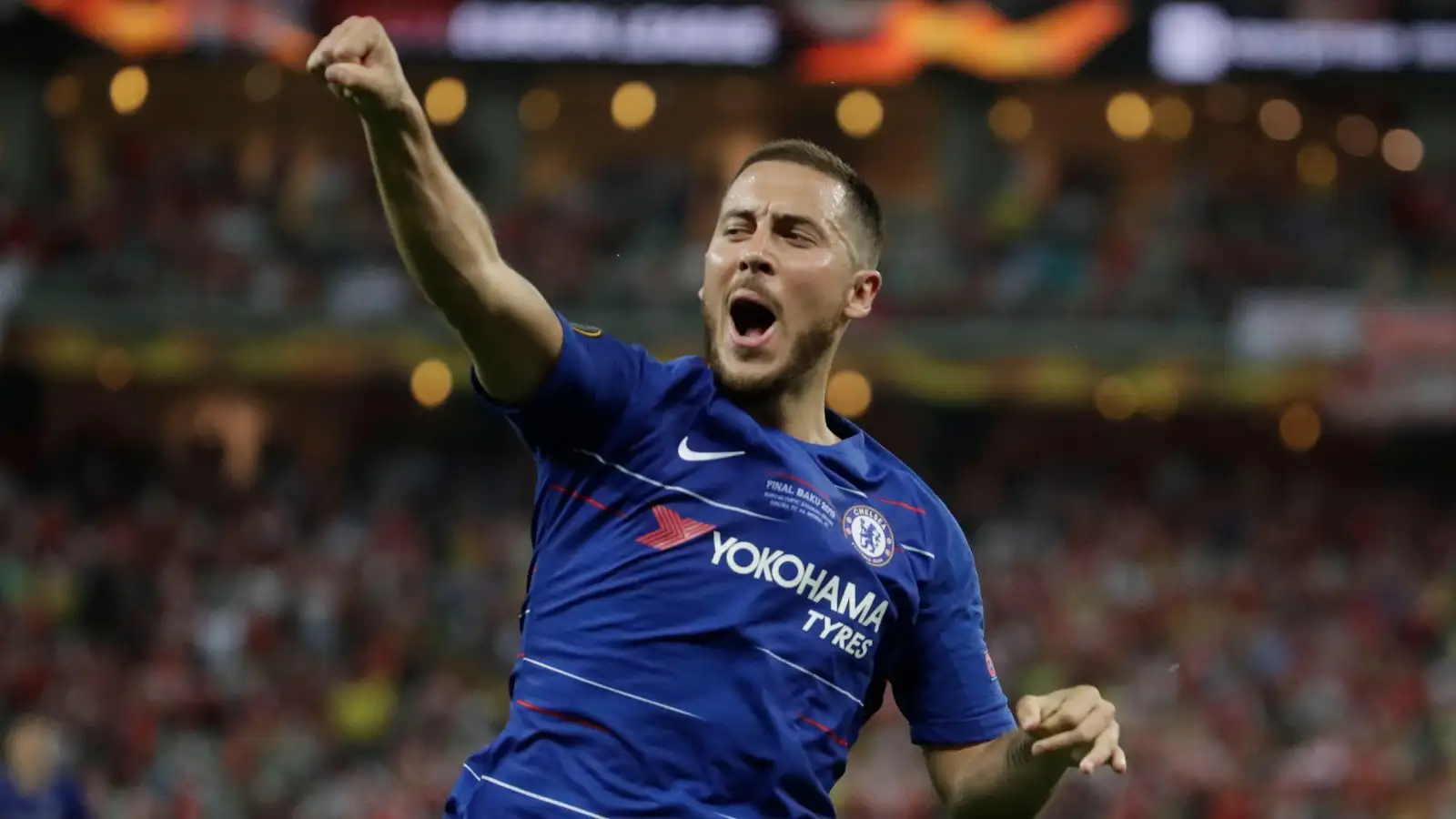 Chelsea's Eden Hazard celebrates after scoring his side's fourth goal during the Europa League Final soccer match between Arsenal and Chelsea at the Olympic stadium in Baku, Azerbaijan, Wednesday, May 29, 2019.