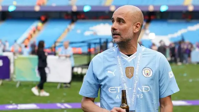 Manchester City manager Pep Guardiola celebrating