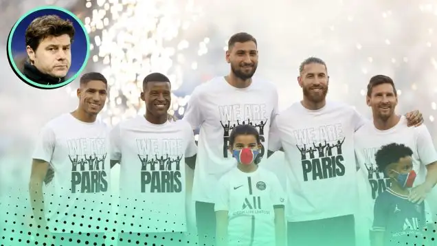 Mauricio Pochettino Signings at PSG featuring (L-R) Achraf Hakimi, Georginio Wijnaldum, Gianluigi Donnarumma, Sergio Ramos, Lionel Messi