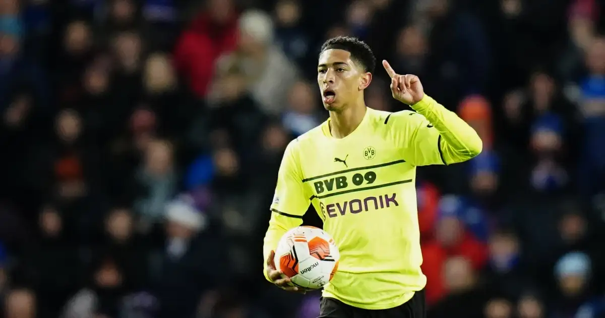 Borussia Dortmund's Jude Bellingham celebrates scoring their side's first goal of the game during the UEFA Europa League playoff second leg match at Ibrox Stadium, Glasgow. Picture date: Thursday February 24, 2022.